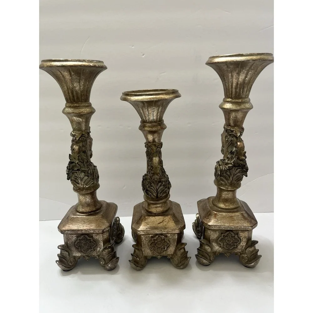 Antique-Style Candle Holders Gold-Gilt Horse Head Bust Pedestal Base Set Of 3